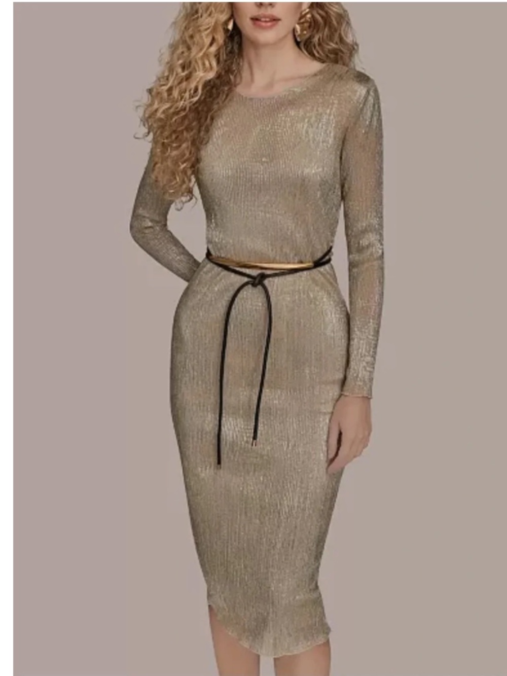 Donna Karan New York Women's Gold Metallic Foil Mesh Midi Dress: Size: 4